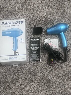 BaBylissPRO Nano Titanium 1000W Blue Hair Dryer travel new
